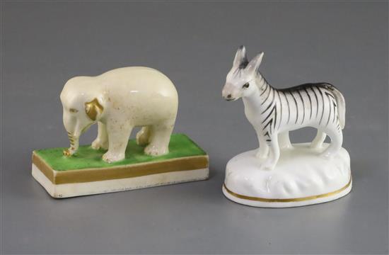 A porcelain figure of an elephant attributed to Davenport and a Staffordshire porcelain zebra, c.1830-40, L. 8cm